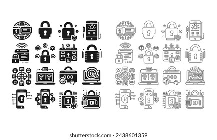 Conjunto de iconos de bloqueo en estilo de relleno y contorno