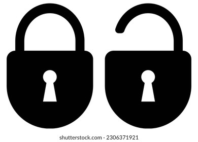 Lock icon set , flat style black color, curved bottom locked and unlocked padlock with keyhole for web, app, mobile, UI, game, logo design, security, secret, password idea isolated on white background