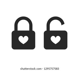 Lock icon set with heart shape, black isolated on white background, vector illustration.