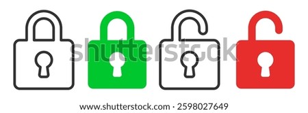 Lock icon set isolated on transparent. Security and protection symbol. Locked and unlocked icon. Red and green color