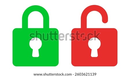 Lock icon set isolated on transparent. Security and protection symbol. Locked and unlocked icon. Red and green color