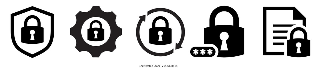 Conjunto de iconos de bloqueo. Candado cerrado con Contraseña. Icono de escudo. Cifrado, icono de línea de información de codificación. Concepto de ciberprivacidad. Icono de ojo de cerradura. Ilustración vectorial