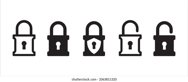 Bloquear conjunto de iconos. Conjunto de iconos vectoriales bloqueados y desbloqueados. Símbolo de candado bloqueado y desbloqueado de la seguridad del dispositivo de datos. Ilustración de material vectorial de símbolo de privacidad. Desbloquear la señal del botón.
