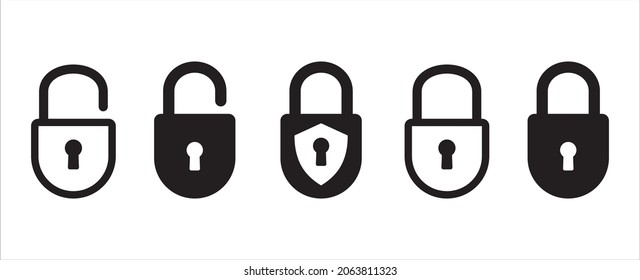 Bloquear conjunto de iconos. Conjunto de iconos vectoriales bloqueados y desbloqueados. Símbolo de candado bloqueado y desbloqueado de la seguridad del dispositivo de datos. Ilustración de material vectorial de símbolo de privacidad. Desbloquear la señal del botón.