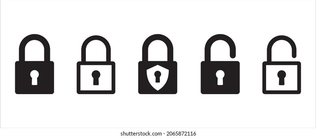 Lock icon set. Locked and unlocked vector icon set. Locked and unlocked padlock symbol of data device security. Privacy symbol vector stock illustration. Unlock button sign.