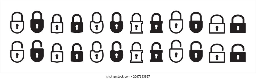 Bloquear conjunto de iconos. Conjunto de iconos vectoriales bloqueados y desbloqueados. Símbolo de candado bloqueado y desbloqueado de la seguridad del dispositivo. Ilustración de material vectorial de símbolo de privacidad. Estilo de diseño de contorno plano.