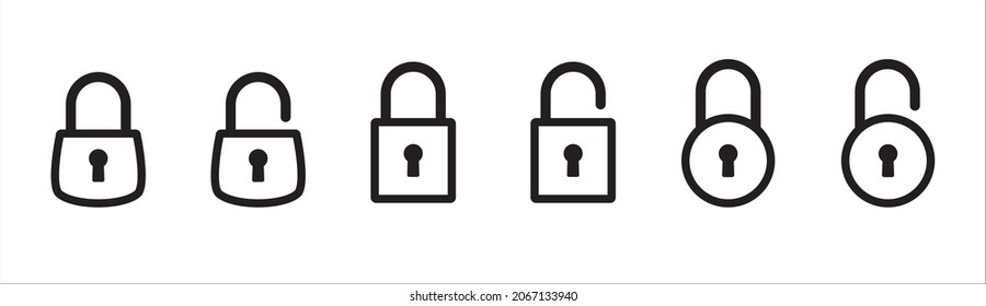 Lock icon set. Locked and unlocked vector icon set. Locked and unlocked padlock symbol of device security. Privacy symbol vector stock illustration. Round and square shape padlock. Outline style.