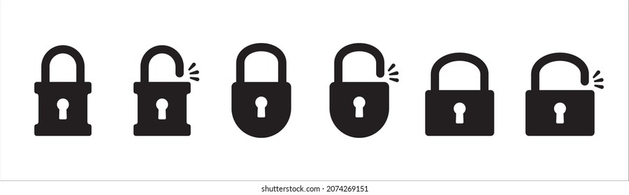 Lock icon set. Locked and unlocked vector icon set. Locked and unlocked padlock symbol of device security. Privacy symbol vector stock illustration. Round and square shape padlock.