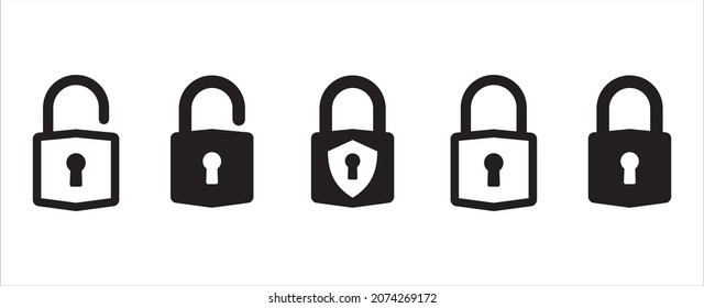 Lock icon set. Locked and unlocked vector icon set. Locked and unlocked padlock symbol of data device security. Privacy symbol vector stock illustration. Unlock button sign.