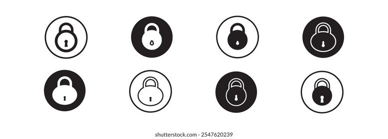 Conjunto de iconos de bloqueo. Conjunto de iconos de Vector bloqueado y desbloqueado. Bloqueado y desbloqueado símbolo de candado de seguridad del dispositivo. Ilustración de stock de Vector de símbolo de privacidad. Candado de forma redonda y cuadrada.