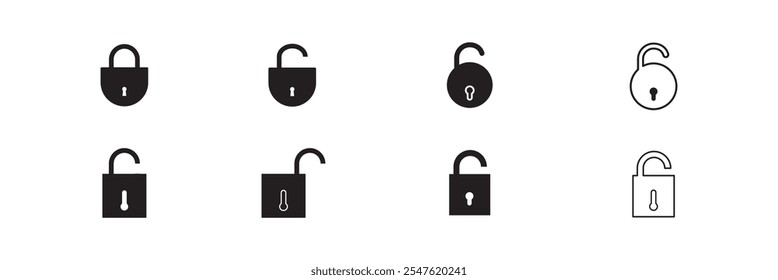 Conjunto de iconos de bloqueo. Conjunto de iconos de Vector bloqueado y desbloqueado. Bloqueado y desbloqueado símbolo de candado de seguridad del dispositivo. Ilustración de stock de Vector de símbolo de privacidad. Candado de forma redonda y cuadrada.