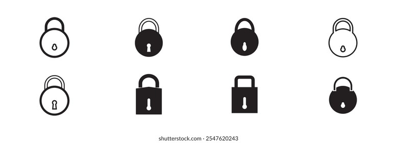 Conjunto de iconos de bloqueo. Conjunto de iconos de Vector bloqueado y desbloqueado. Bloqueado y desbloqueado símbolo de candado de seguridad del dispositivo. Ilustración de stock de Vector de símbolo de privacidad. Candado de forma redonda y cuadrada.