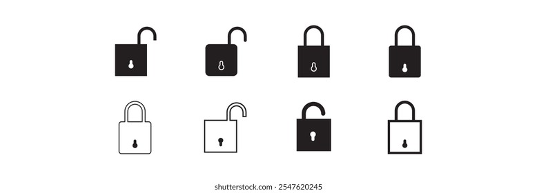 Conjunto de iconos de bloqueo. Conjunto de iconos de Vector bloqueado y desbloqueado. Bloqueado y desbloqueado símbolo de candado de seguridad del dispositivo. Ilustración de stock de Vector de símbolo de privacidad. Candado de forma redonda y cuadrada.