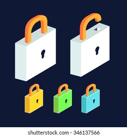 lock icon set. Open and close padlocks. Isometric view flat design