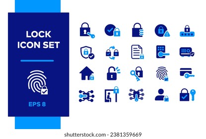 Lock icon set. Open lock, unlock, padlock, Disruption, Service, Anti virus software, Fingerprint scan, scanner with key, Password Recovery, Shield, Door Key, Safe box, Cash Register, Cachier.