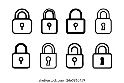 Conjunto de iconos de bloqueo. Icono de bloqueo de relleno de contorno establecido sobre fondo blanco. Ilustración vectorial