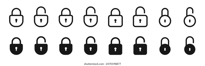 Lock icon set. Padlock open and closed. Locked and unlocked icon. Security symbol. Vector illustration.