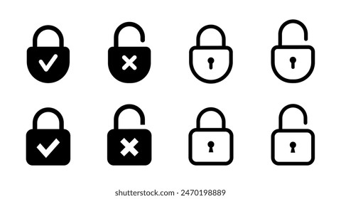 Conjunto de iconos de bloqueo. Candado abierto y cerrado. Icono de bloqueado y desbloqueado. Símbolo de seguridad. Ilustración vectorial.