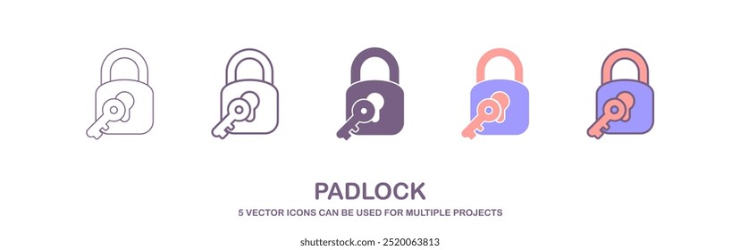 Lock icon set. Padlock open and closed. Locked and unlocked icon. Security symbol. Vector illustration, a set of icons with 5 different styles