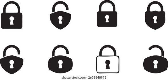Conjunto de iconos de bloqueo. Candado abierto y cerrado. Icono bloqueado y desbloqueado. Símbolo de seguridad. Ilustración vectorial