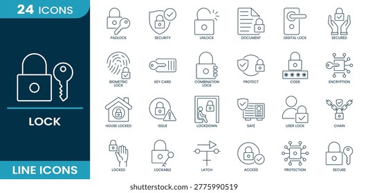 Lock icon set. padlock, security, unlock, document, digital, secured, biometric, key card, combination, protect, code, encryption, house locked, issue, lockdown, safe, user lock, chain, locked, lockable, latch, access, protection, secure. Line vector icons collection.