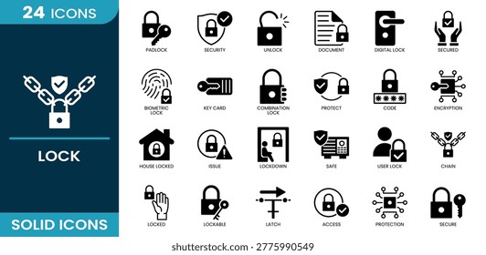 Lock icon set. padlock, security, unlock, document, digital, secured, key card, biometric, combination, encryption, code, protect, safe, user lock, chain, lockdown, house locked, issue, locked, lockable, latch, access, protection, secure. Solid vector icons collection.