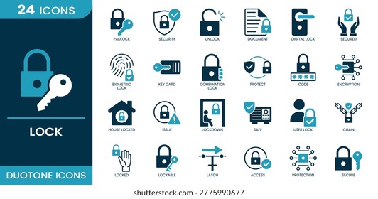 Lock icon set. padlock, security, unlock, document, digital, secured, biometric, combination, key card, encryption, protect, code, safe, user lock, chain, lockdown, house locked, issue, locked, lockable, latch, access, protection, secure. Duotone vector icons collection.