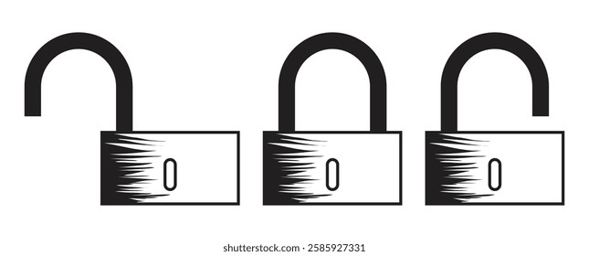 Lock icon set. Safety and security privacy computer key cyber sign symbol. Locked and unlocked black line. Confidential password save secret. Private web buttons collection. Protection encryption 