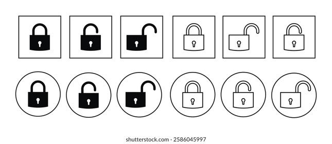 Lock icon set. Safety and security privacy computer key cyber sign symbol. Locked and unlocked black line. Confidential password save secret. Private web buttons collection. Protection encryption