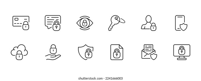 Lock icon set. Shield, antivirus, key, password, protected view, password-protected file, data protection, mail protection. Security concept. Vector line icon on white background