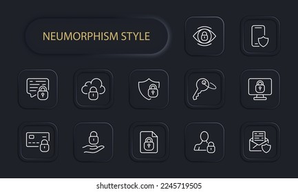 Lock icon set. Shield, security, antivirus, protection, data protection system, cloud saving, mail protection. Security concept. Neomorphism style. Vector line icon for Business