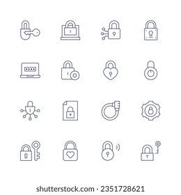 Bloquear conjunto de iconos. Icono de línea delgada. Trazo editable. Conteniendo candado, bloqueo, ciberseguridad, contraseña, bloqueo cardíaco, seguridad, bloqueo.