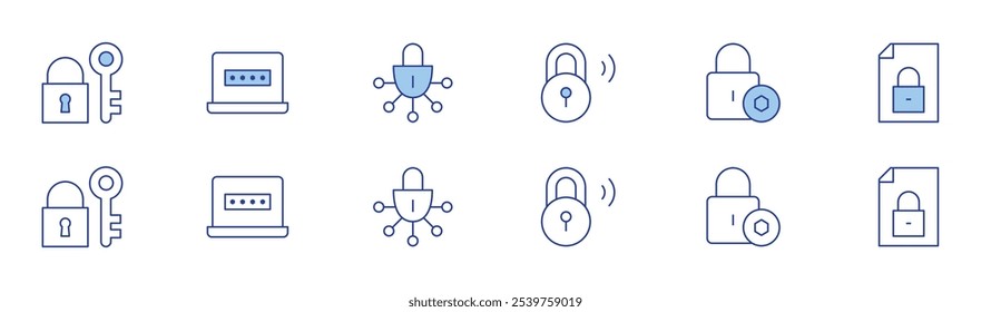 Conjunto de iconos de bloqueo en dos estilos, estilo Duotone y línea fina. Movimiento editable. cerradura, bloqueado, candado, Contraseña, seguridad.