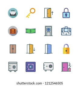 lock icon set. vector set about door, padlock, key and money id icons set.