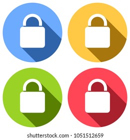 lock icon. Set of white icons with long shadow on blue, orange, green and red colored circles. Sticker style