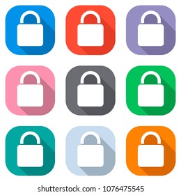 lock icon. Set of white icons on colored squares for application