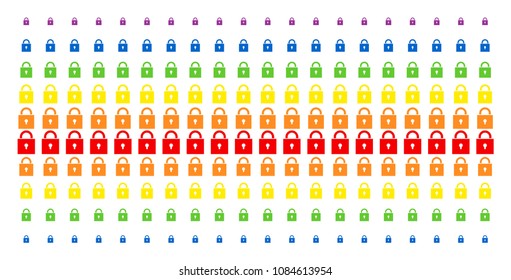 Lock icon spectrum halftone pattern. Vector pictograms arranged into halftone matrix with vertical rainbow colors gradient. Constructed for backgrounds, covers, templates and abstract effects.