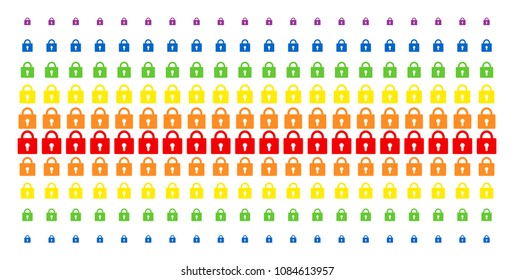 Lock icon spectrum halftone pattern. Vector pictograms organized into halftone grid with vertical rainbow colors gradient. Designed for backgrounds, covers, templates and abstract effects.