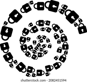 Lock icon spiral mosaic. Lock items are formed into spiral vector illustration. Abstract twist combined from random lock symbols.