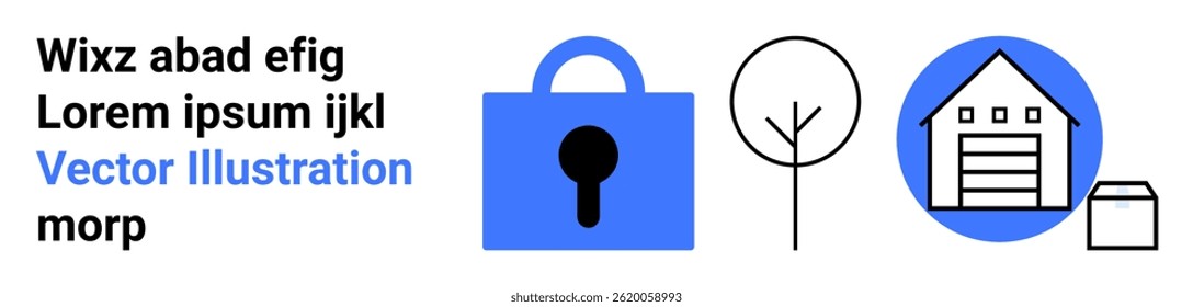 Lock icon, tree, house, and small building. Ideal for real estate, property security, home insurance, environmental planning, urban development, architectural design, and property management. Banner