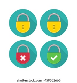 Lock Icon in trendy flat style isolated on grey background whit long shadow. Lock open and lock closed. Concept password, blocking, security. Password outline and solid vector logo, linear pictogram.