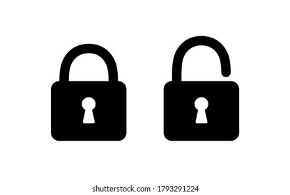 Lock icon. Unlock open lock. Padlock symbol password. Black private sign isolated on white background. Closed lock. Code safety. Security computer system. Simple flat lock. Vector illustration