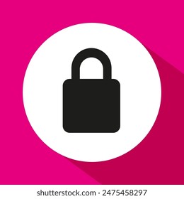 Lock icon vector. Black padlock symbol. White circle background. Pink backdrop shadow.