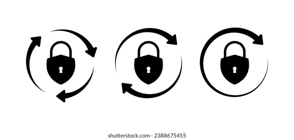 Bloquear iconos con flecha en un círculo. Silhouette, negro, cerradura de llave, flechas en círculo, actualización de protección. Iconos del vector