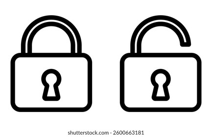 Lock icons. Black outline lock. Closed lock and open lock. Security symbol. Simple vector icons. Line art style.