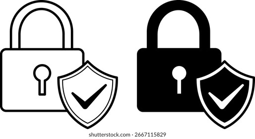 Lock Icons. Black and White Vector Illustration. Padlock and Shield. Cyber Security, Privacy Protection. Concept Protection
