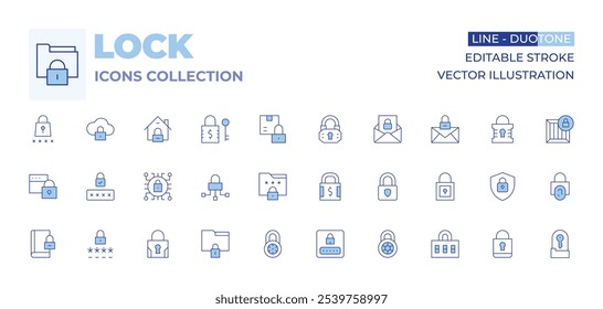 Lock icons collection. Line Duotone style, editable stroke. smart lock, padlock, lock, locked, cyber security, house, security system, password, protection, email, confidential.