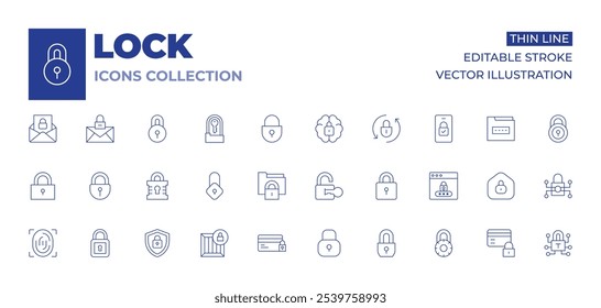 Colección de iconos de bloqueo. Iconos de línea delgada, trazo editable. correo electrónico, cifrado, bloqueo, confidencial, tarjeta de crédito, huella digital, carpeta, candado, protección, actualización.