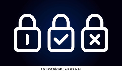 Lock icons. Flat, white, isolated keyholes, tick and cross inside the padlock. Vector icons