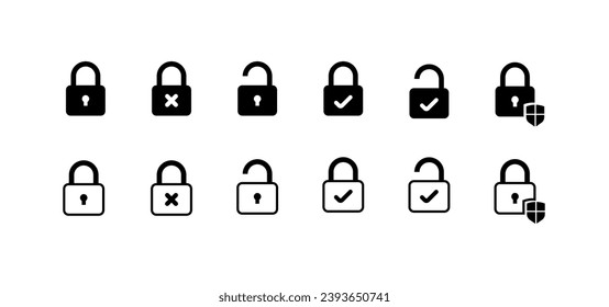 Lock icons for key. Linear, closed padlock, open, with tick lock icons. Vector icons